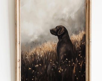 Moody Dark Wildflower Chocolate Labrador Dog Print, Vintage Wildflower Painting Wall Art Print Floral Cottagecore Landscape Farmhouse