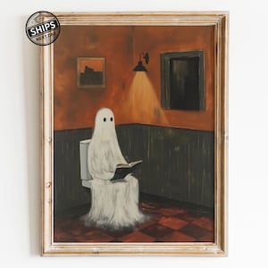 Stampa artistica gotica raffigurante un fantasma, raffigurante un fantasma sul water, stampa artistica da bagno, poster vintage di Dark Academia