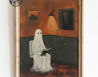 Ghost on Toilet Art Print, Gothic Bathroom Wall Decor