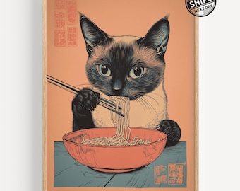Vintage Siamese Cat Eating Ramen Noodles Poster, Funny Black Cat Wall Art, Kitchen Decor, Japanese Inspired Cat Art Print, Cat Lover Gift