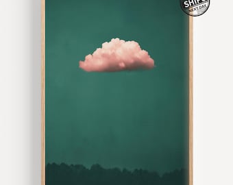 ピンクの雲の森のアートプリント - ミニマルな抽象壁装飾