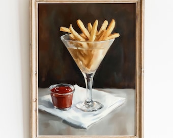 Impressão artística de Martini com batatas fritas: pintura peculiar de natureza morta