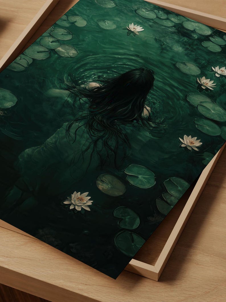 Ophelia Dark Academia Print, Goth Moody Victorian Wall Art, Dark Decor Aesthetic, Dark Cottage core, Gothic Prints into lake image 2
