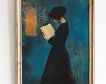 Victorian Woman Reading Art Print, Dark Academia Library Decor