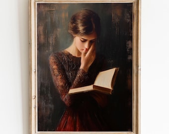 Victorian Woman Reading Art Print: Dark Academia Library Decor