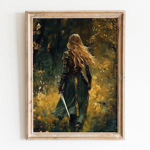 Frau Ritter Poster, Dark Academia Wand Dekoration, Lady Ritterin im Wald Kunstdruck, Mittelalterliche Fantasy Wandkunst, Renaissance Ritter Geschenk
