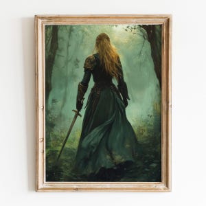 Lady Knight In the Forest Art Print, Dark Academia Wall Decor, Medieval Fantasy Wall Art, Woman Knight Poster, Renaissance Knight Gift