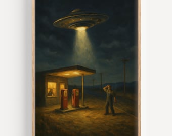 Retro UFO Art Print: Gas Station Alien Encounter - Sci-Fi Wall Decor