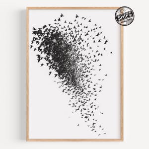 Arte mural con una bandada de pájaros en vuelo: póster minimalista de naturaleza en blanco y negro: obra de arte moderna y dinámica para la decoración del hogar o la oficina