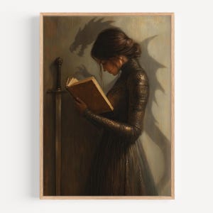 May include: A framed print depicts a woman in a dark dress reading a book, with a sword and dragon shadow. The artwork has a medieval fantasy theme, with warm, earthy tones and a detailed, artistic style.