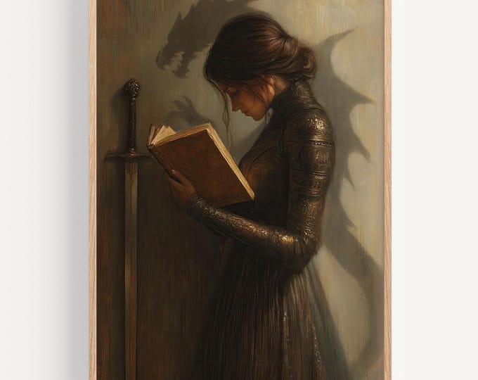 Fantasy Girl Reading Art Print: Dragon Shadow, Medieval Warrior