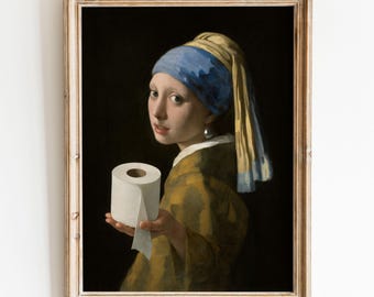 May include: A painting of a woman wearing a blue and yellow headscarf and a pearl earring, holding a roll of white toilet paper in her right hand. The background is dark.