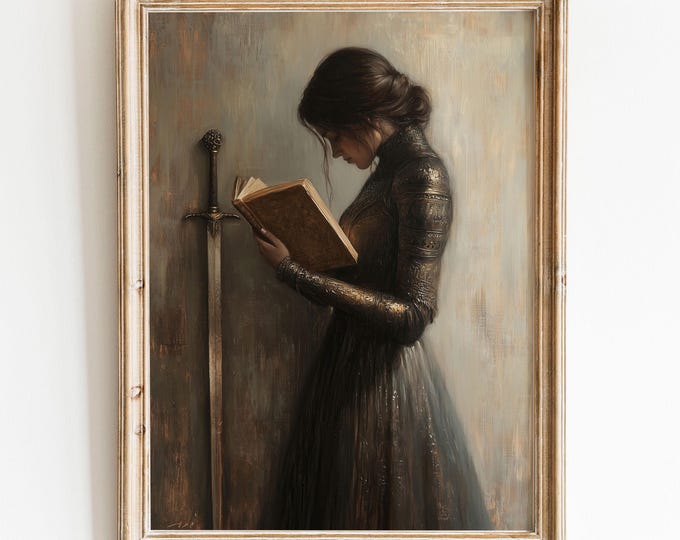 Victorian Woman Knight Reading a Book Vintage Wall Art Print, Book Lover Gift, Library Art Print, Dark Academia Decor, PRINTED AND SHIPPED