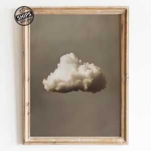 May include: A framed photograph of a single, fluffy white cloud against a muted brown sky.