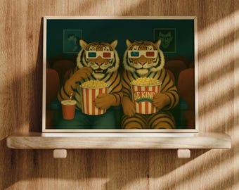 Tigers at Movie Theater Print: Funny Animal Cinema Art