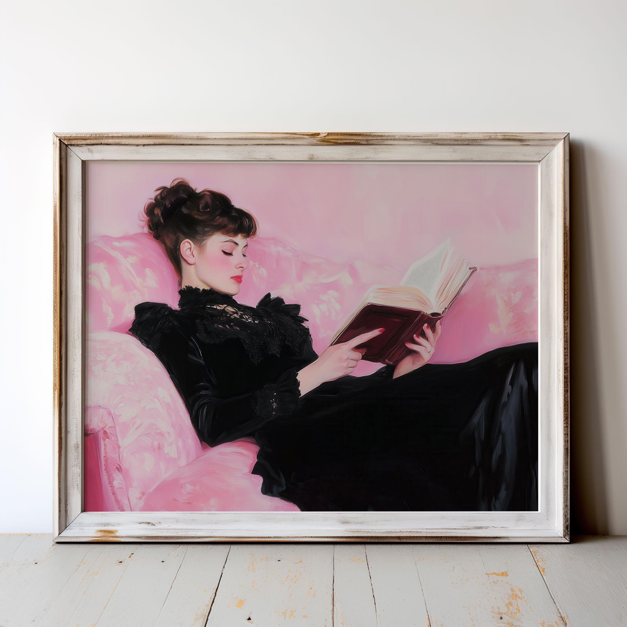 Victorian Woman Reading Art Print: Dark Academia Library Decor
