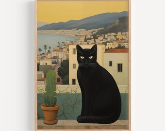 May include: A black cat with yellow eyes sits on a windowsill overlooking a cityscape. The cat is looking directly at the viewer. A small cactus plant is in a terracotta pot on the windowsill.