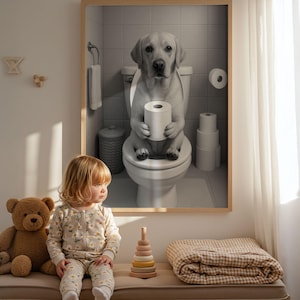Funny Labrador bathroom wall art holding toilet paper modern dog print gift for pet lovers black and white dog photo for guest toilet decor
