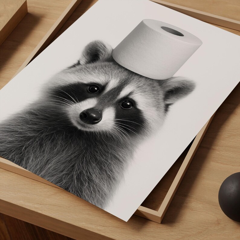 Funny Raccoon Toilet Paper Hat Print: Black and White Bathroom Wall Art ...