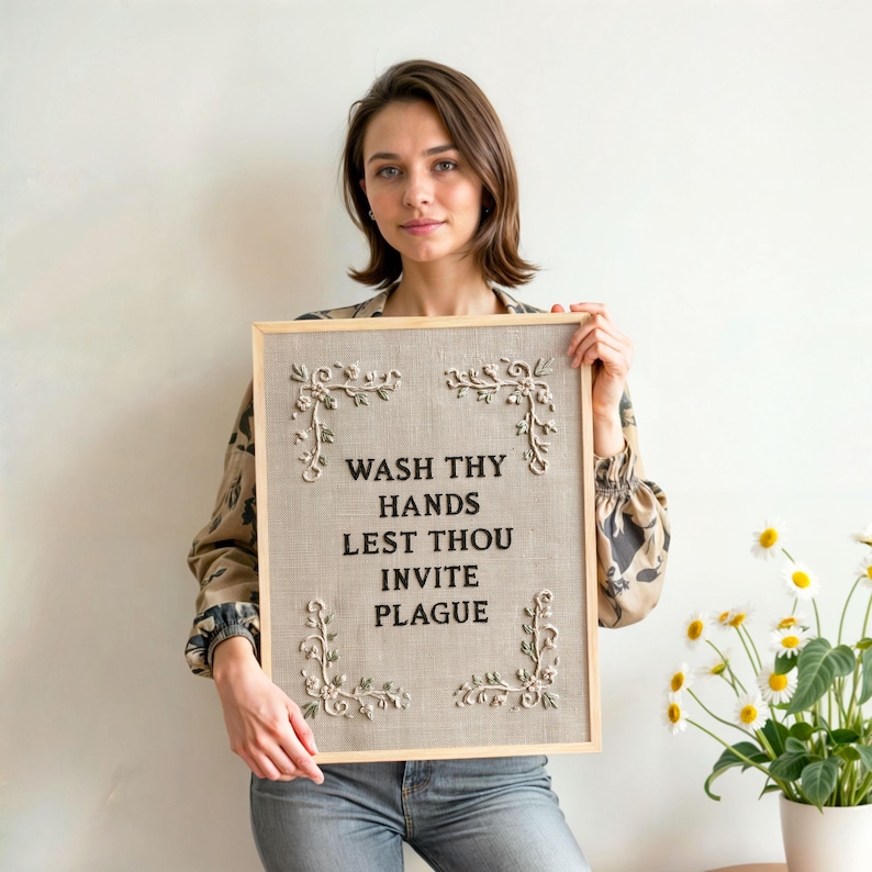 May include: A rectangular wall sign featuring a light brown linen background with black embroidered text that reads WASH THY HANDS LEST THOU INVITE PLAGUE. The sign is framed in light wood and decorated with white floral embroidery in each corner.