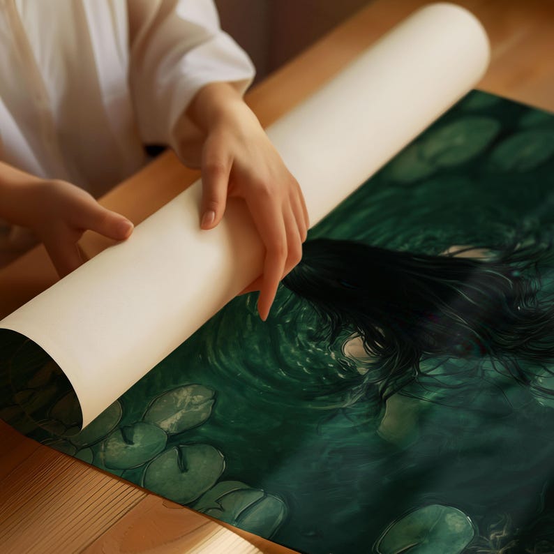 May include: A person unrolling a rolled up print of a dark green and black illustration of a woman with long black hair submerged in water. The woman's face is not visible.