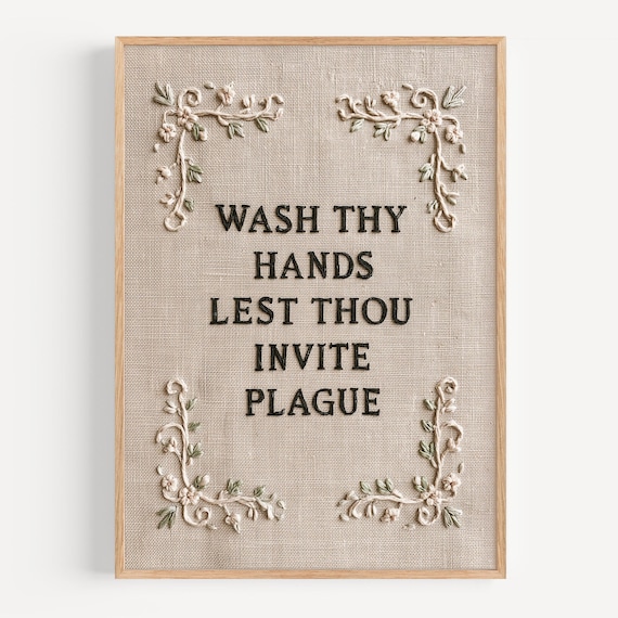 Funny Gift for Her Wash Thy Hands Vintage Needlepoint Bathroom Wall Art