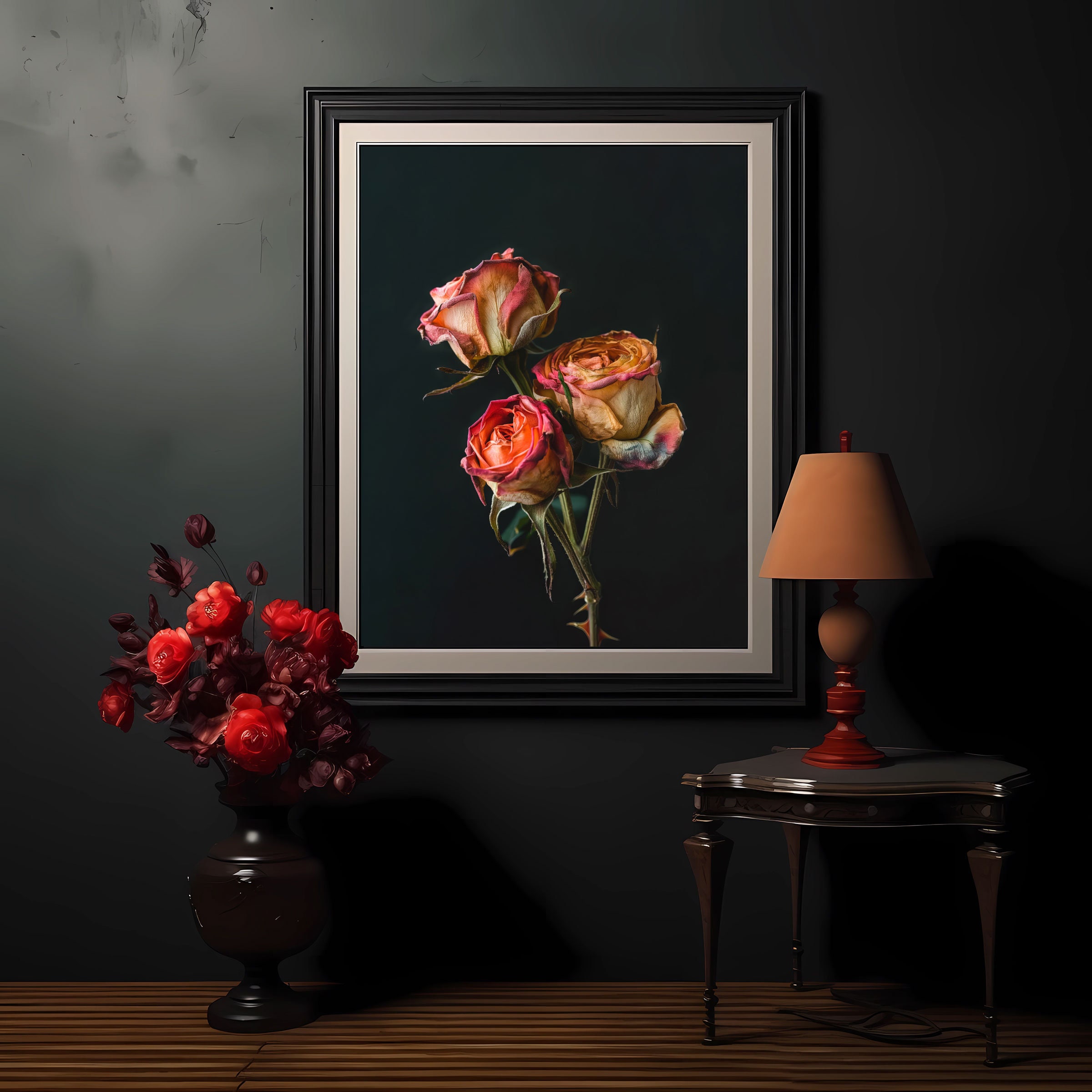 Vintage Coral Rose Print: Moody Floral Still Life, Botanical Wall Art ...