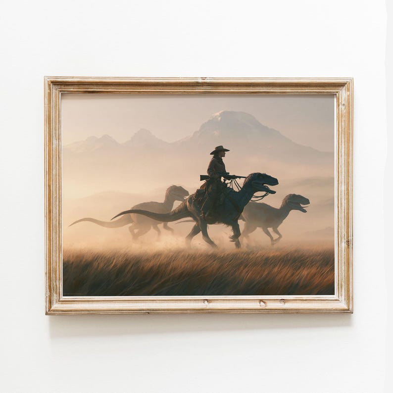 Person Riding Raptor Stock Cowgirl Riding Velociraptor Art Print Western Fantasy Dinosaur Wall Art ...