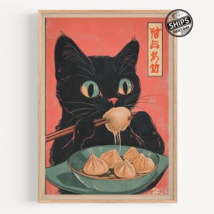 Vintage Cat Art Print Retro Japanese Poster Print Unique Kitchen Decor Quirky Cat Illustration Gift