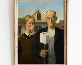 Funny Bathroom Quirky Wall Art Decor, classic American Gothic Vintage Classics Art Gift for Friend, Toilet Humor Amusing Present Funny