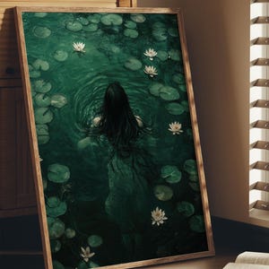 Ophelia Dark Academia Print, Goth Moody Victorian Wall Art, Dark Decor Aesthetic, Dark Cottage core, Gothic Prints into lake image 3