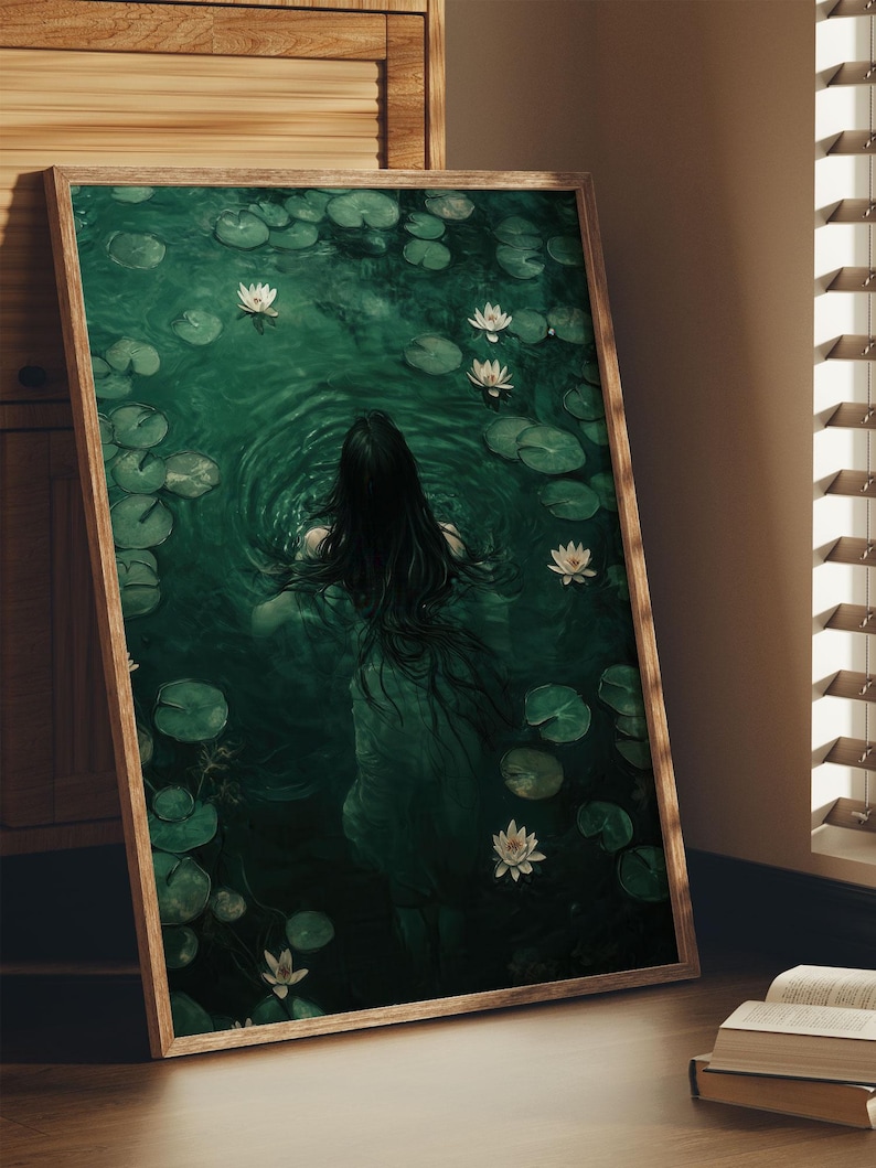 Ophelia Dark Academia Print, Goth Moody Victorian Wall Art, Dark Decor Aesthetic, Dark Cottage core, Gothic Prints into lake image 3