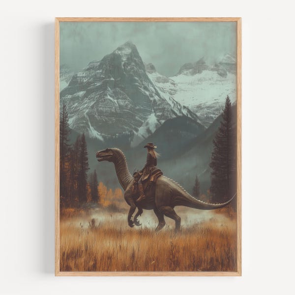 Pintura al óleo de vaquera de dinosaurio vintage, impresión oculta, impresión de dinosaurio occidental, regalo para ella, impresión divertida