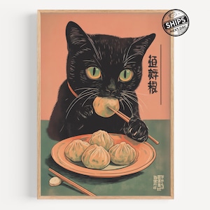 Vintage Cat Eating Dumplings Wall Art Retro Japanese Poster Print Unique Kitchen Decor Quirky Cat Illustration Gift