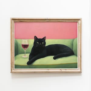 Sztuka Tuxedo Cat z czerwonym winem, sztuka koktajlowa, fantazyjny modny wydruk ścienny do domu