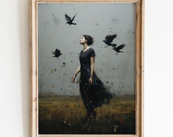 Dark Woman Ravens Art Print Moody Gothic Wall Decor