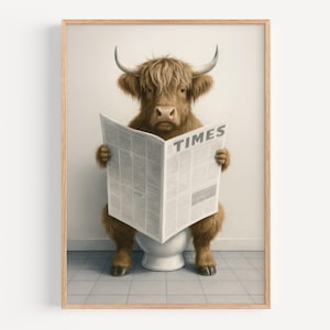 Divertente decorazione da parete per bagno raffigurante una mucca delle Highlands – Decorazione rustica da fattoria con cornice per il bagno degli ospiti o come regalo di inaugurazione della casa.