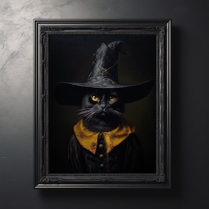Black Cat Witch Art Print Halloween Gift Witchy Decor Gothic Cat in Dress Dark Academia