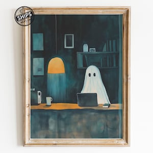 Stampa artistica gotica raffigurante un fantasma, raffigurante un fantasma su un computer portatile, decorazione per ufficio, stampa artistica, poster vintage di Dark Academia