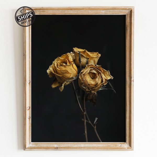 Vintage Moody Yellow Rose Dark Flower Print, Botanical Wall Art Floral Still Life Oil Painting