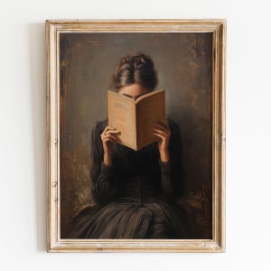 GEMAILD Victoriaanse vrouw die kunstwerken leest, bibliotheekdecor boekenliefhebber cadeau, rustiek boerderijdecor, leesgrage bibliotheekkunstprint