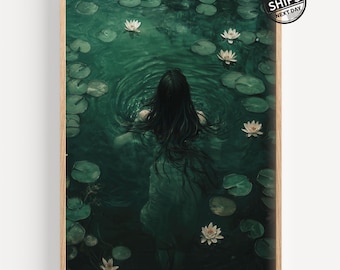 Ophelia Dark Academia-tryck, Goth-stämningsfull viktoriansk väggkonst, mörk dekorestetik, mörk stugkärna, gotiska tryck i sjön