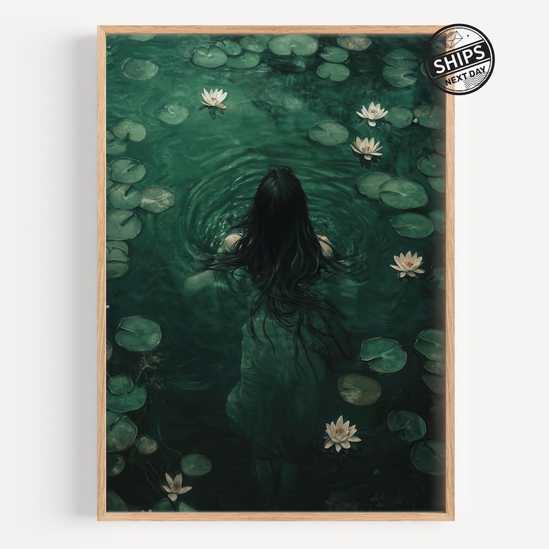 May include: A woman with long dark hair swims in a pond with lily pads and white flowers. The water is a deep green color.