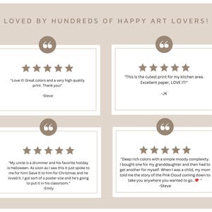May include: A beige graphic featuring the text LOVED BY HUNDREDS OF HAPPY ART LOVERS! above four white rectangular boxes. Each box contains five brown stars, a brown quotation mark icon, and a customer review signed by Steve, JK, or Emily.