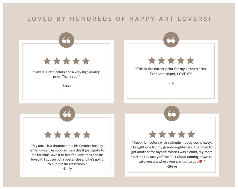 May include: A beige graphic featuring the text LOVED BY HUNDREDS OF HAPPY ART LOVERS! above four white rectangular boxes. Each box contains five brown stars, a brown quotation mark icon, and a customer review signed by Steve, JK, or Emily.