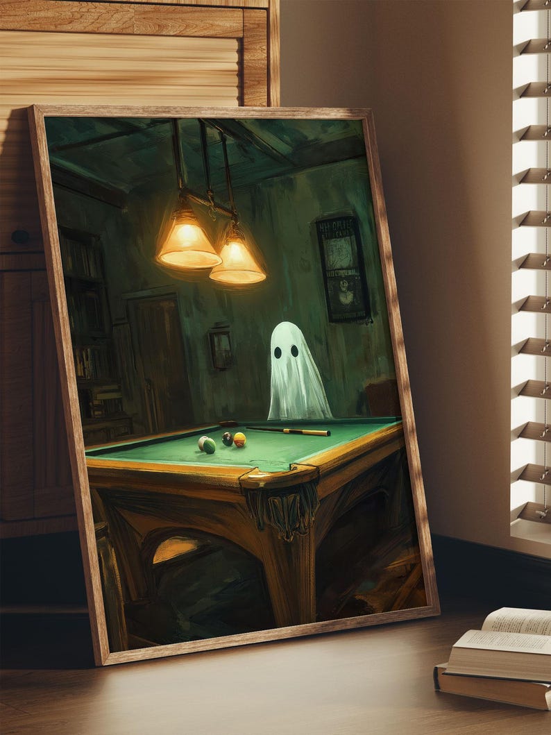 Spooky Ghost Pool Table Art Print: Vintage Billiard Room Halloween ...