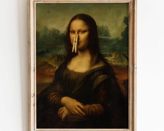 May include: A painting of the Mona Lisa with a clothes peg on her nose.