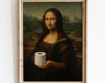May include: A painting of the Mona Lisa holding a roll of toilet paper in her right hand. The painting is framed in a light wood frame.