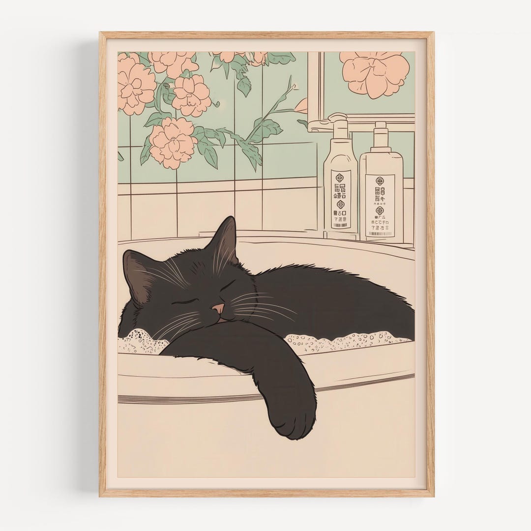 Black Cat in a Bathtub Japanese Bathroom Wall Art, Japan Cat Print ...