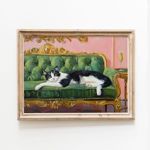 Sztuka Tuxedo Cat z czerwonym winem, sztuka koktajlowa, fantazyjny modny wydruk ścienny do domu